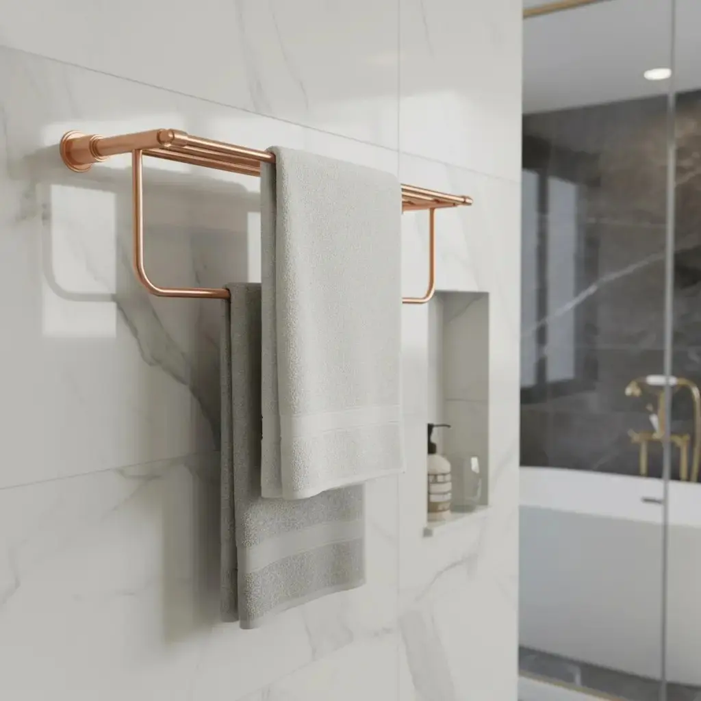 "Premium bathroom accessories including rose gold towel holder and coordinated towel storage solution"